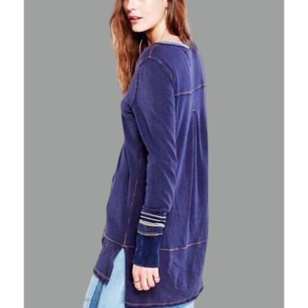 Free People Blue Slouchy Exposed Stitch Embellished Henley Top | Boho Grunge S - Picture 12 of 16